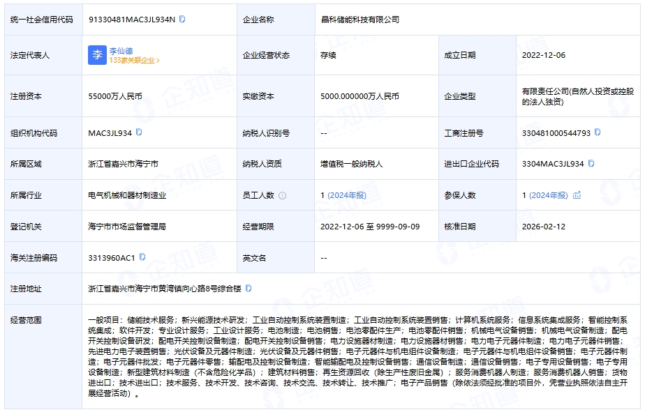 晶科能源全资持股，晶科储能科技公司增资至 5.5 亿